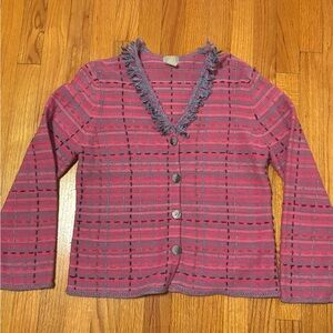 Sigrid Olsen Sport PM Fringe Vee Jacket Sweater Pink Plaid